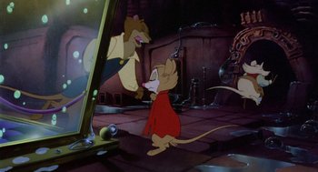 Movie still from “The Secret of NIMH” (1982), directed by Don Bluth – A mouse that is standing in front of a mirror; Medium shot, Over the shoulder angle