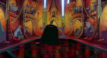 Movie still from “The Secret of NIMH” (1982), directed by Don Bluth – A painting of the emperor's new groove is shown; Extreme Wide shot, Low angle