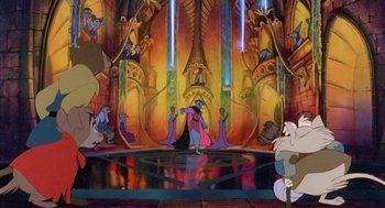 Movie still from “The Secret of NIMH” (1982), directed by Don Bluth – A group of people in a room with a painting; Wide shot, Over the shoulder angle