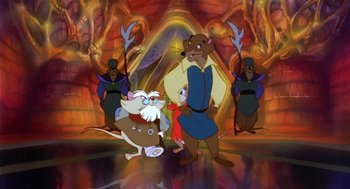 Movie still from “The Secret of NIMH” (1982), directed by Don Bluth – A group of people standing in front of a painting; Wide shot, Low angle