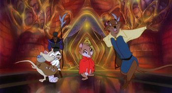 Movie still from “The Secret of NIMH” (1982), directed by Don Bluth – A group of cartoon characters standing in front of an orange background; Wide shot, High angle