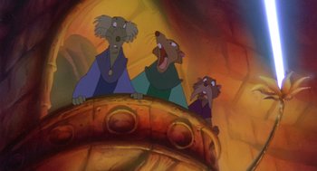 Movie still from “The Secret of NIMH” (1982), directed by Don Bluth – A group of three people standing next to each other; Medium shot, Low angle