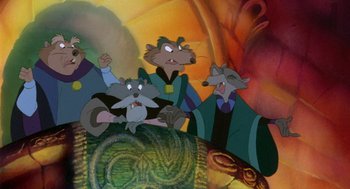 Movie still from “The Secret of NIMH” (1982), directed by Don Bluth – A group of three cartoon characters are standing in front of a painting; Medium shot, Low angle