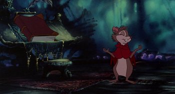 Movie still from “The Secret of NIMH” (1982), directed by Don Bluth – A picture of a scene from the movie beauty and the beast; Wide shot, Low angle