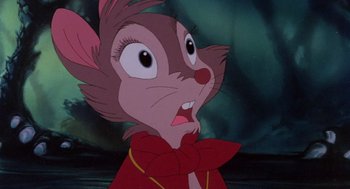 Movie still from “The Secret of NIMH” (1982), directed by Don Bluth – A character from a cartoon; Close Up shot, Over the shoulder angle