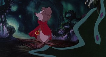 Movie still from “The Secret of NIMH” (1982), directed by Don Bluth – A picture of a character from the disney movie , the little mermaid; Wide shot, High angle