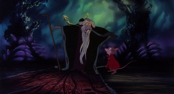 Movie still from “The Secret of NIMH” (1982), directed by Don Bluth – A scene from the animated film , the hunchback of notre dame; Wide shot, Low angle