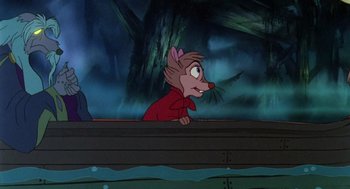 Movie still from “The Secret of NIMH” (1982), directed by Don Bluth – A picture of a character from the disney movie , peter pan; Medium shot, Over the shoulder angle