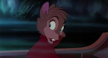 Movie still from “The Secret of NIMH” (1982), directed by Don Bluth – A cartoon character with a surprised look on his face; Close Up shot, Over the shoulder angle
