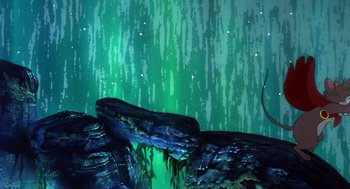 Movie still from “The Secret of NIMH” (1982), directed by Don Bluth – A painting of an animal in front of a green background; Wide shot, Low angle