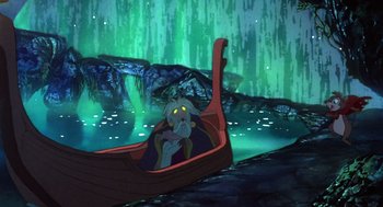 Movie still from “The Secret of NIMH” (1982), directed by Don Bluth – An animated scene of a man sitting in a boat in front of the aurora borealis; Wide shot, High angle