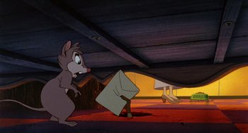Movie still from “The Secret of NIMH” (1982), directed by Don Bluth – A mouse holding an envelope under a roof; Wide shot, High angle