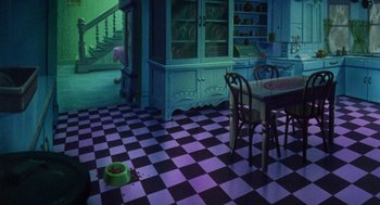 Movie still from “The Secret of NIMH” (1982), directed by Don Bluth – A room with a table and a bowl of food on the floor; Wide shot, High angle