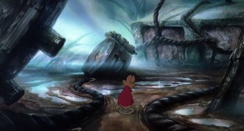 Movie still from “The Secret of NIMH” (1982), directed by Don Bluth – A painting of a boy in a red dress in the middle of a forest; Wide shot, High angle