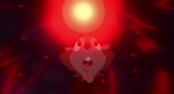 Movie still from “The Secret of NIMH” (1982), directed by Don Bluth – A cat's face with a red light in the background; Close Up shot, Low angle