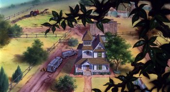 Movie still from “The Secret of NIMH” (1982), directed by Don Bluth – An aerial view of a house with a truck parked in front of it; Extreme Wide shot, High angle