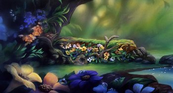Movie still from “The Secret of NIMH” (1982), directed by Don Bluth – A painting of flowers and trees in a forest; Wide shot, High angle