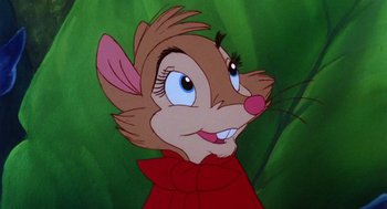 Movie still from “The Secret of NIMH” (1982), directed by Don Bluth – A cartoon mouse with a red shirt; Close Up shot, High angle