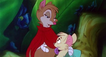 Movie still from “The Secret of NIMH” (1982), directed by Don Bluth – A couple of cartoon characters sitting next to each other; Close Up shot, High angle