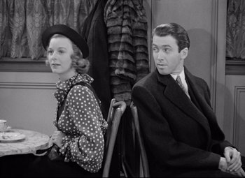 Movie still from “The Shop Around the Corner” (1940), directed by Ernst Lubitsch – A man and a woman sitting next to each other; Medium shot, Over the shoulder angle