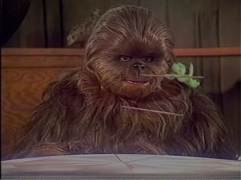 Movie still from “The Star Wars Holiday Special” (1978), directed by Steve Binder – A furry creature holding a branch in its mouth; Close Up shot, Over the shoulder angle