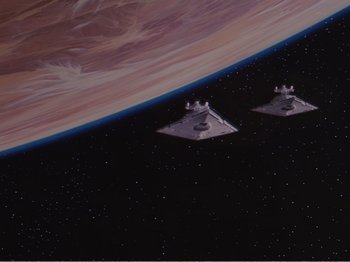 Movie still from “The Star Wars Holiday Special” (1978), directed by Steve Binder – Two star wars ships flying in front of the earth; Extreme Wide shot, Overhead angle