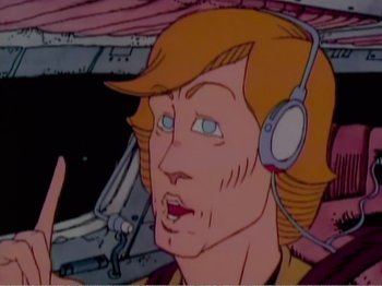 Movie still from “The Star Wars Holiday Special” (1978), directed by Steve Binder – A cartoon of a man wearing headphones and a microphone; Close Up shot, Low angle