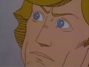 Movie still from “The Star Wars Holiday Special” (1978), directed by Steve Binder – An animated face of a man with blue eyes; Extreme Close Up shot, Low angle