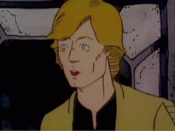 Movie still from “The Star Wars Holiday Special” (1978), directed by Steve Binder – A man with blonde hair and a black shirt; Close Up shot, Low angle