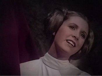 Movie still from “The Star Wars Holiday Special” (1978), directed by Steve Binder – A person wearing a star wars costume; Close Up shot, Over the shoulder angle