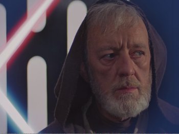 Movie still from “The Star Wars Holiday Special” (1978), directed by Steve Binder – An old man with a beard and a hood on his head; Close Up shot, Low angle