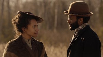Movie still from “Anne with an E” (2017), created by Moira Walley-Beckett – A man and a woman standing next to each other; Close Up shot, Over the shoulder angle