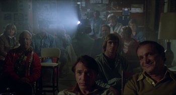 Movie still from “The Stunt Man” (1980), directed by Richard Rush – A group of people sitting in a dark room; Medium shot, Over the shoulder angle
