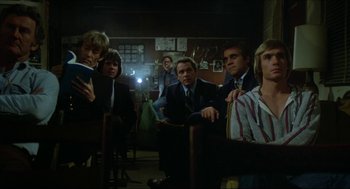 Movie still from “The Stunt Man” (1980), directed by Richard Rush – A group of people sitting in a dark room; Medium shot, Low angle