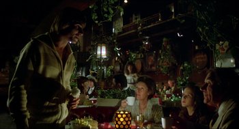 Movie still from “The Stunt Man” (1980), directed by Richard Rush – A man and a woman sitting at a table in a restaurant; Wide shot, Over the shoulder angle