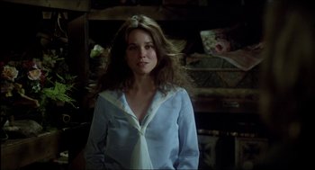 Movie still from “The Stunt Man” (1980), directed by Richard Rush – A woman in a blue shirt standing in a room; Close Up shot, Over the shoulder angle