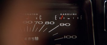 Movie still from “The Sugarland Express” (1974), directed by Steven Spielberg – View of a gas gauge; Extreme Close Up shot, High angle