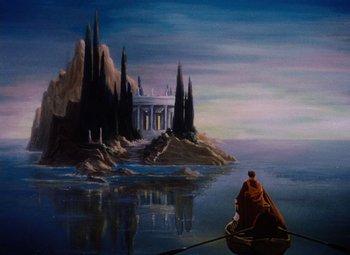 Movie still from “The Tales of Hoffmann” (1951), directed by Michael Powell – A painting of a man rowing a boat in the middle of the ocean; Extreme Wide shot, High angle