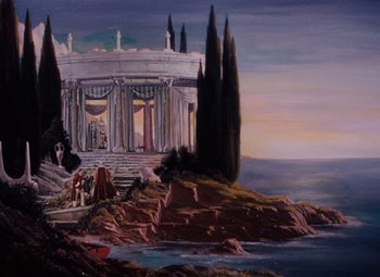 Movie still from “The Tales of Hoffmann” (1951), directed by Michael Powell – An oil painting of a greek temple by the water; Extreme Wide shot, Low angle