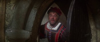 Movie still from “The Taming of The Shrew” (1967), directed by Franco Zeffirelli – A man dressed in medieval clothing looking at the camera; Medium shot, High angle