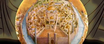 Movie still from “The Thief and the Cobbler” (1993), directed by Richard Williams – A model of a city with many buildings and trees; Extreme Wide shot, High angle