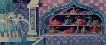 Movie still from “The Thief and the Cobbler” (1993), directed by Richard Williams – A painting of a shelf with a lot of vases on it; Wide shot, Low angle