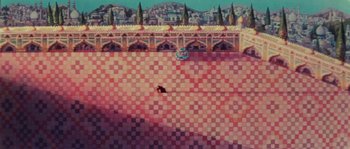 A painting of a person walking on a tiled floor