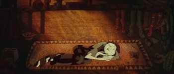 Movie still from “The Thief and the Cobbler” (1993), directed by Richard Williams – An image of an animated character laying on the ground; Wide shot, Overhead angle