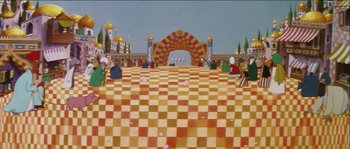 Movie still from “The Thief and the Cobbler” (1993), directed by Richard Williams – An image of an animated scene of a circus; Extreme Wide shot, High angle
