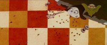 Movie still from “The Thief and the Cobbler” (1993), directed by Richard Williams – A person's face on a checkerboard floor; Extreme Close Up shot, Overhead angle