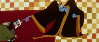 Movie still from “The Thief and the Cobbler” (1993), directed by Richard Williams – A painting of jafar from the disney animated film aladdin; Wide shot, Overhead angle
