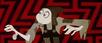 Movie still from “The Thief and the Cobbler” (1993), directed by Richard Williams – An animated character is standing in front of a red background; Medium shot, Low angle