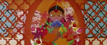 Movie still from “The Thief and the Cobbler” (1993), directed by Richard Williams – An animated picture of a woman holding a blue object; Wide shot, Low angle