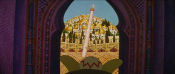 Movie still from “The Thief and the Cobbler” (1993), directed by Richard Williams – A view of a castle from inside a window; Extreme Wide shot, Low angle